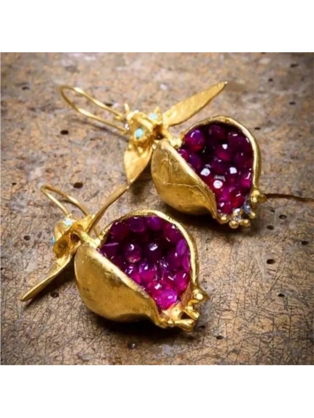 Jeweled Pomegranate 18k Gold Plated Dangle Unique Earrings